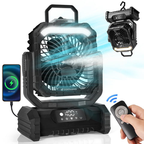 Odoland portable misting fan with light for cooling indoors or outdoors.