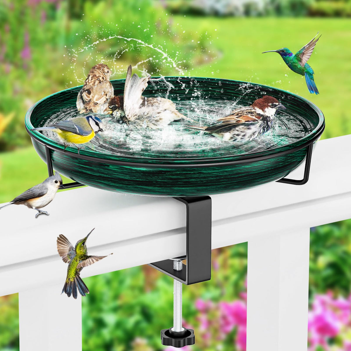 ODSNANIE deck-mounted bird bath with rail clamp for stable railing installation.