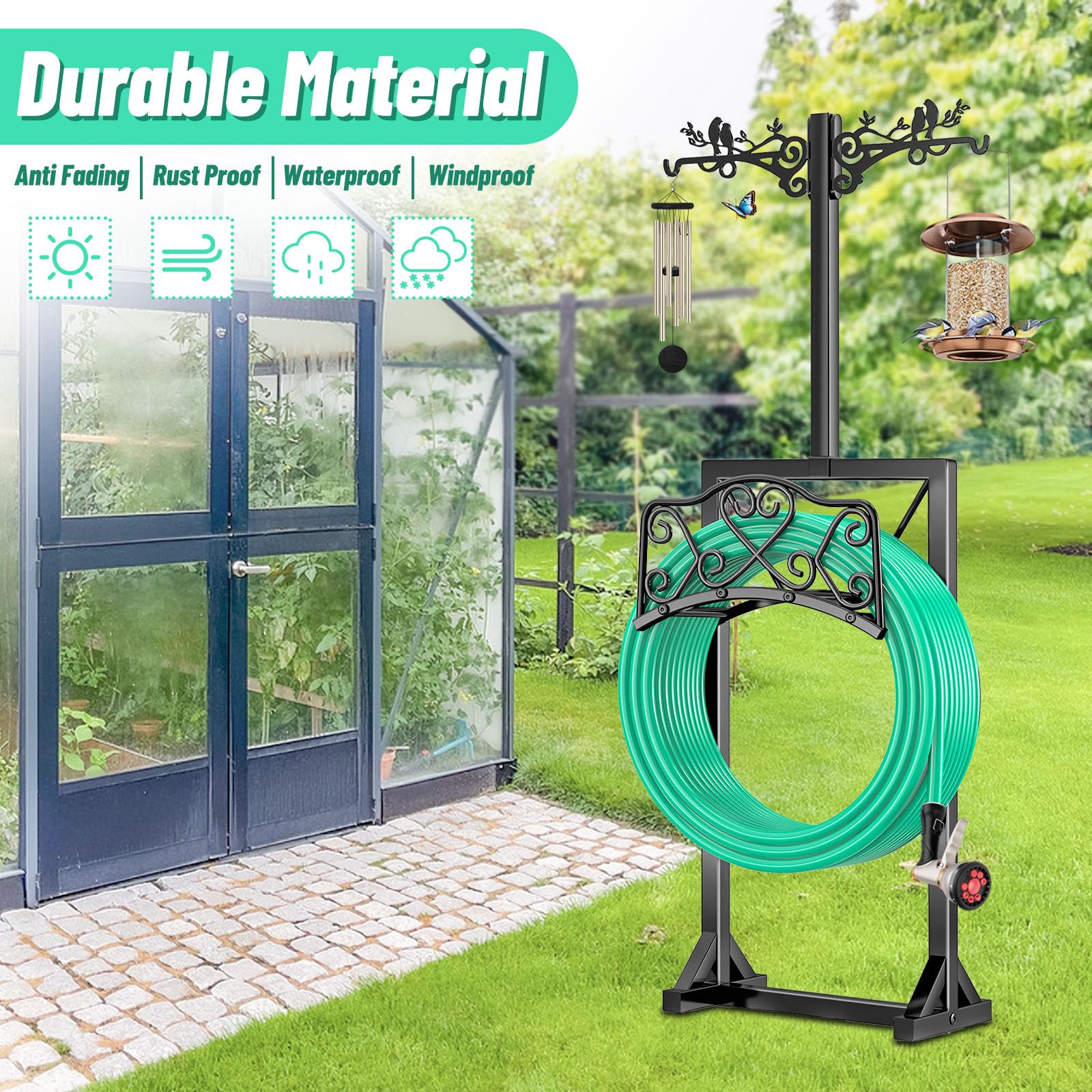 ODSNANIE hose holder holds up to 150 feet of hose without wobble.