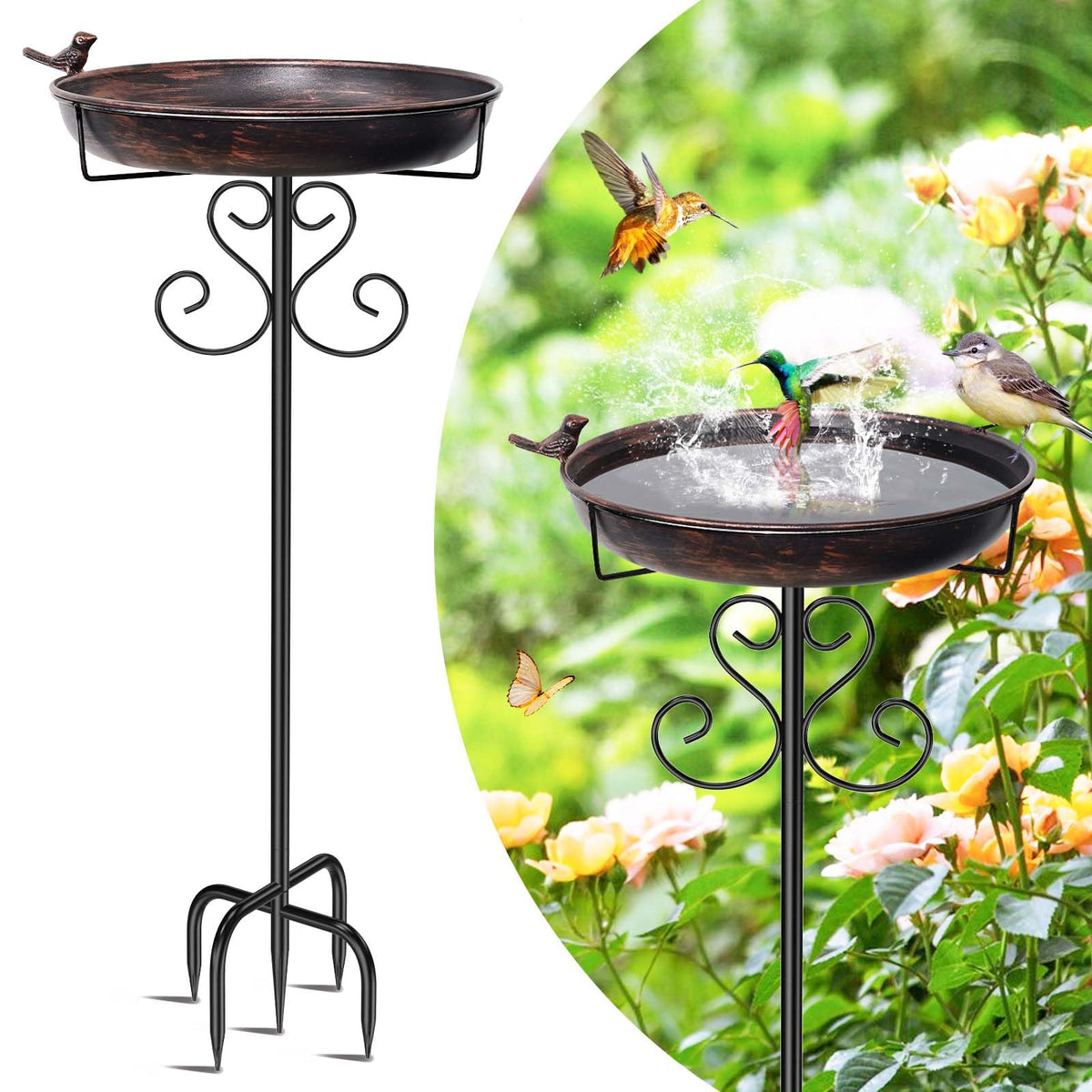 ODSNANIE metal bird bath in bronze finish attracts birds and adds outdoor charm.