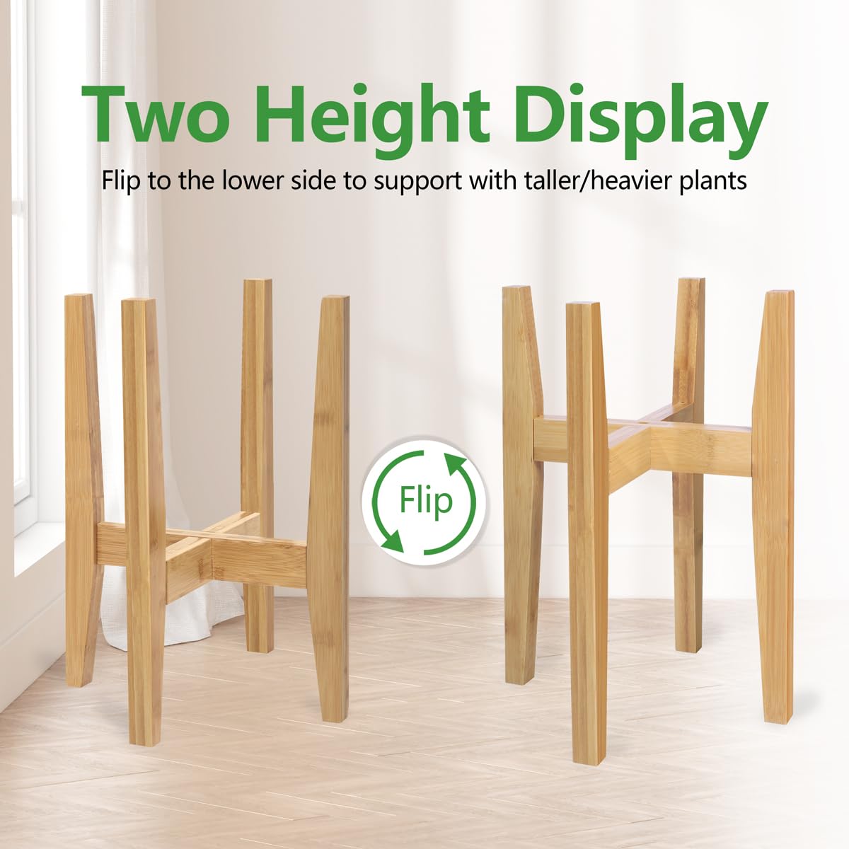 OERGKE bamboo plant stand close-up finish reveals smooth varnish and rounded edges.