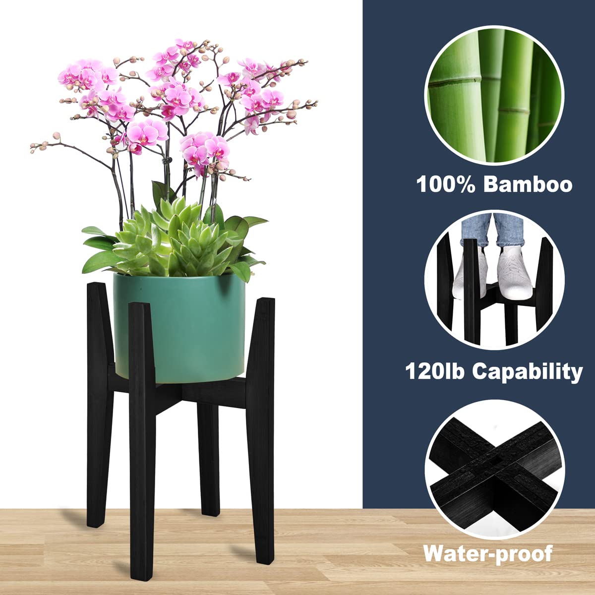 OERGKE bamboo plant stand side view showing natural finish and sturdy construction.