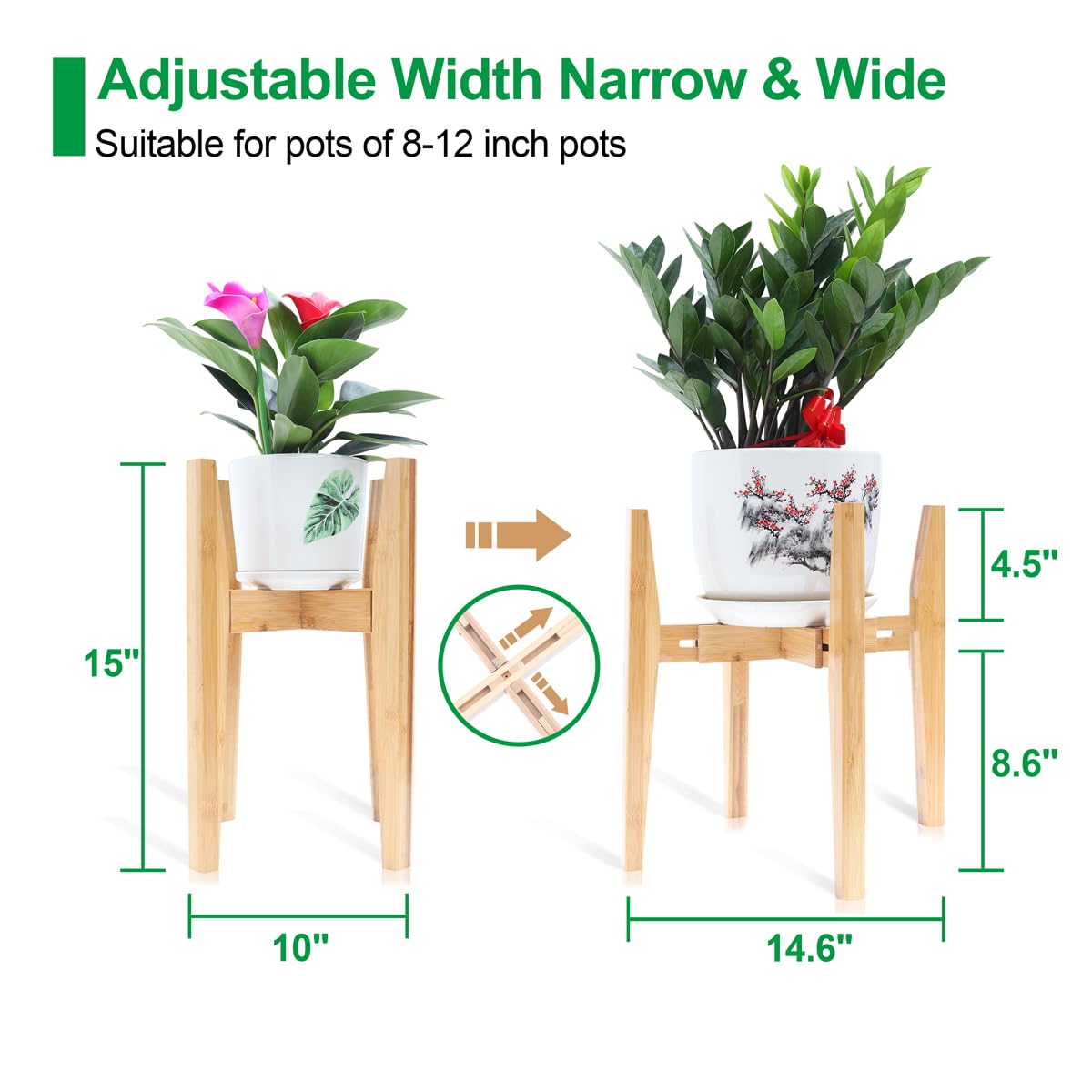 OERGKE bamboo plant stand width adjustment accommodates 8 to 12 inch pots.