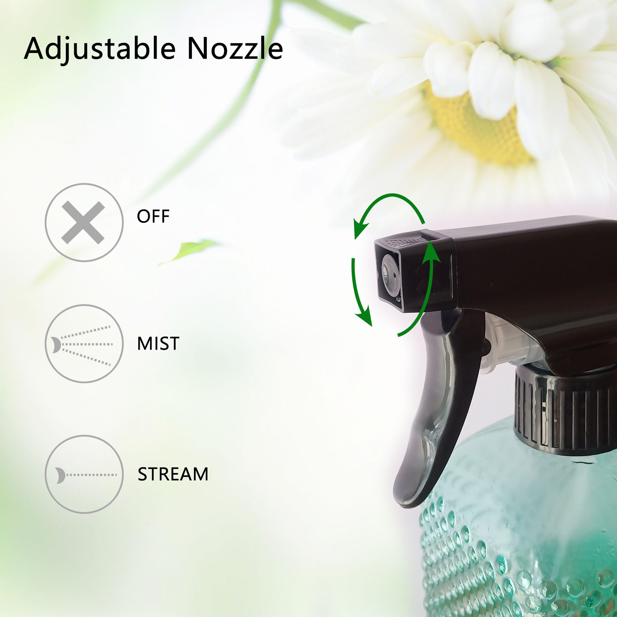 OEXEO glass spray bottle showing adjustable nozzle for spray settings.