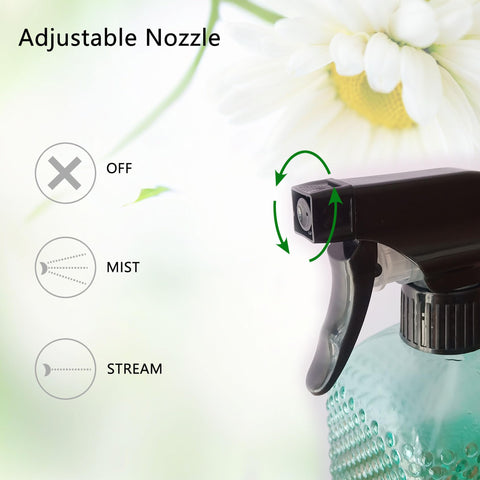 OEXEO glass spray bottle showing adjustable nozzle for spray settings.