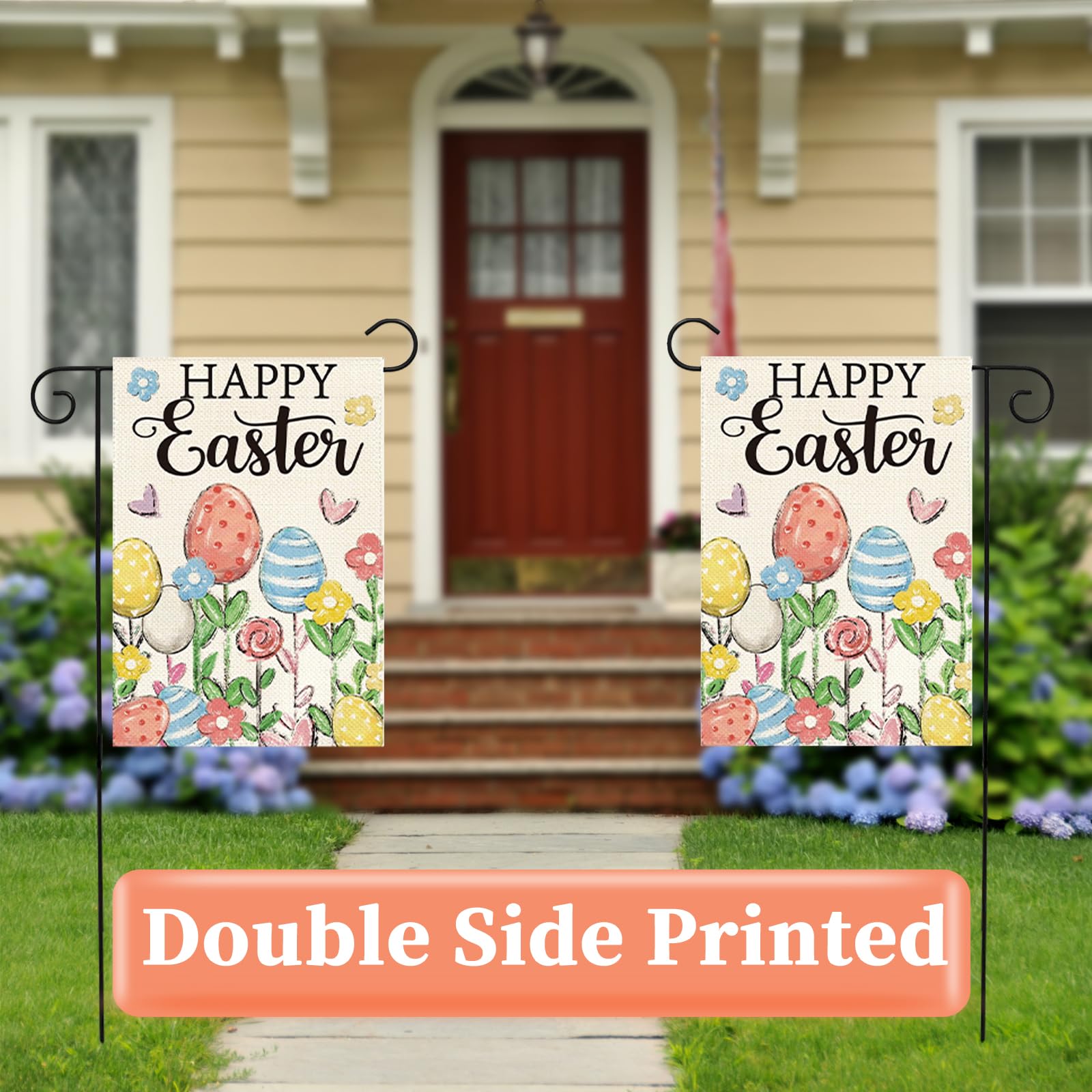 Oeyliz flag features bunny and floral motif for inviting yards.