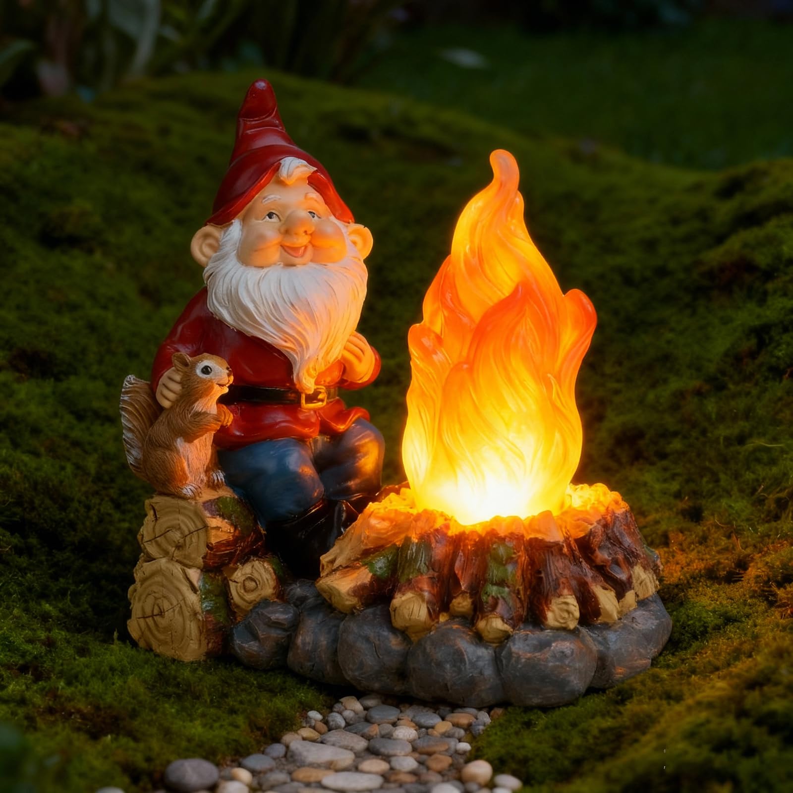 O-FarFarm solar light-up garden gnome statue illuminating the yard at night