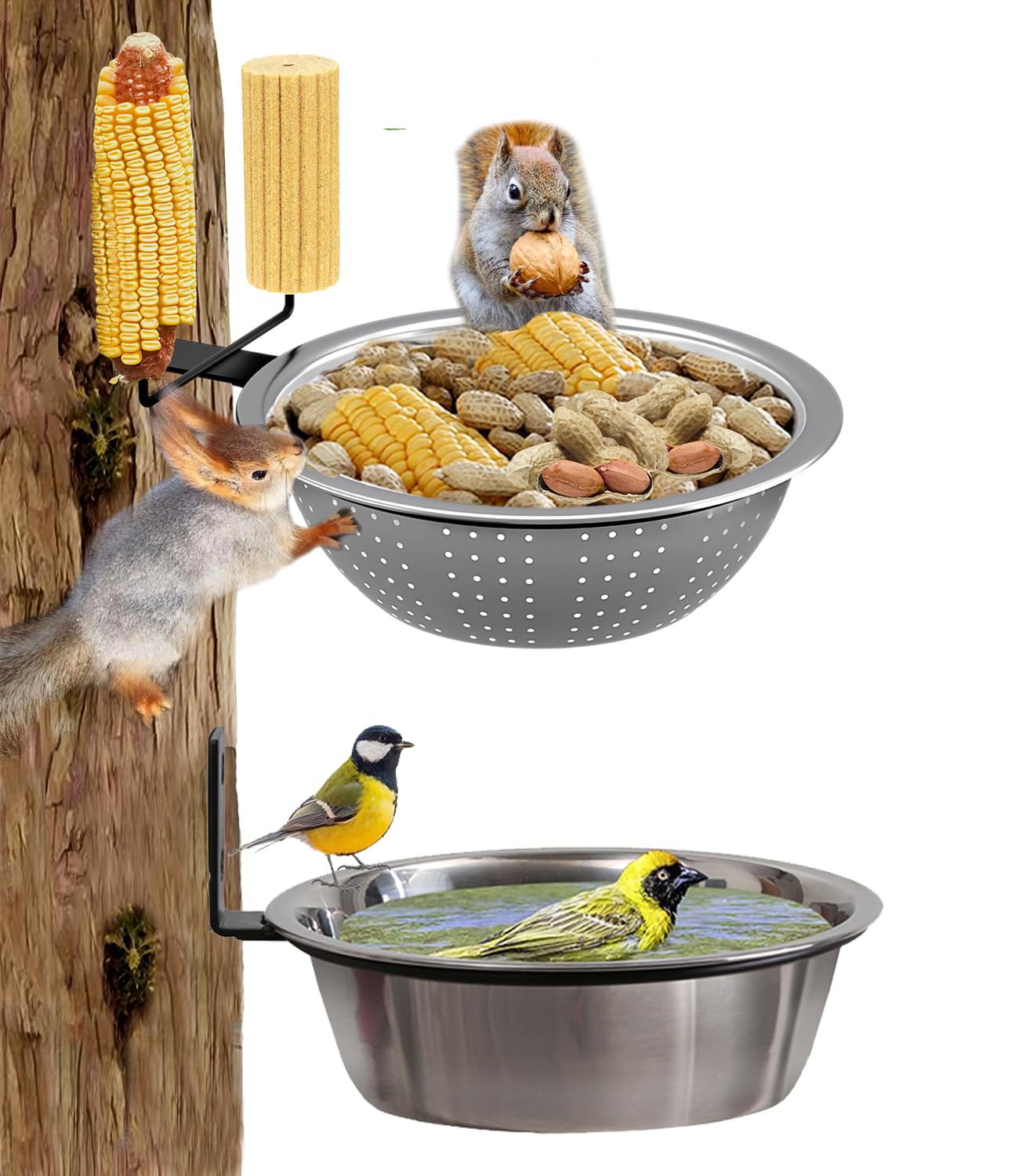 Ofasixx 2-pack squirrel and bird feeder outdoors, ideal for attracting birds and small wildlife.