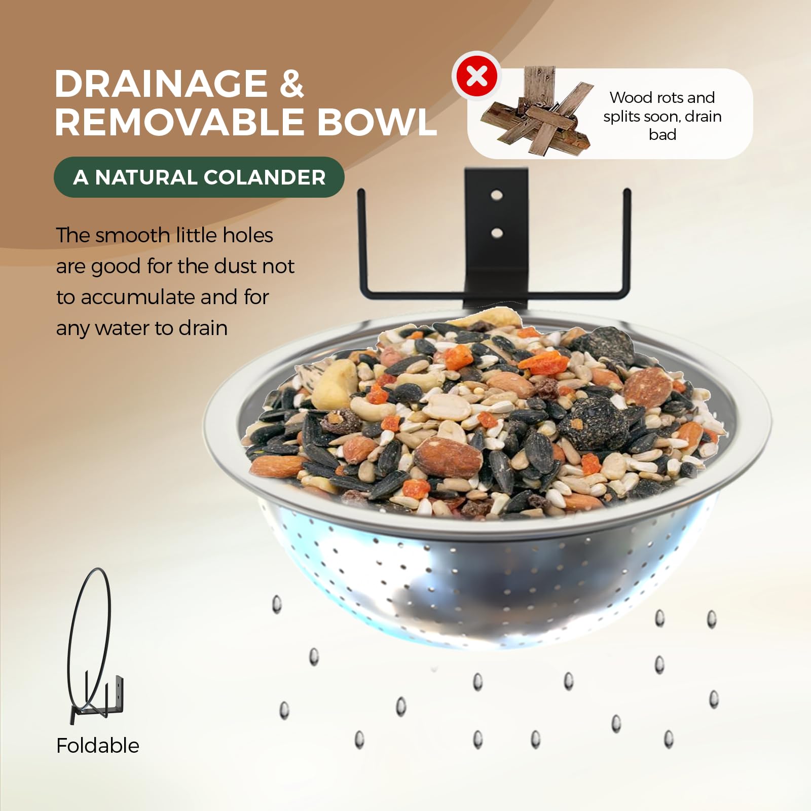 Ofasixx Squirrel Feeder drainage holes keep food dry and accessible outdoors.