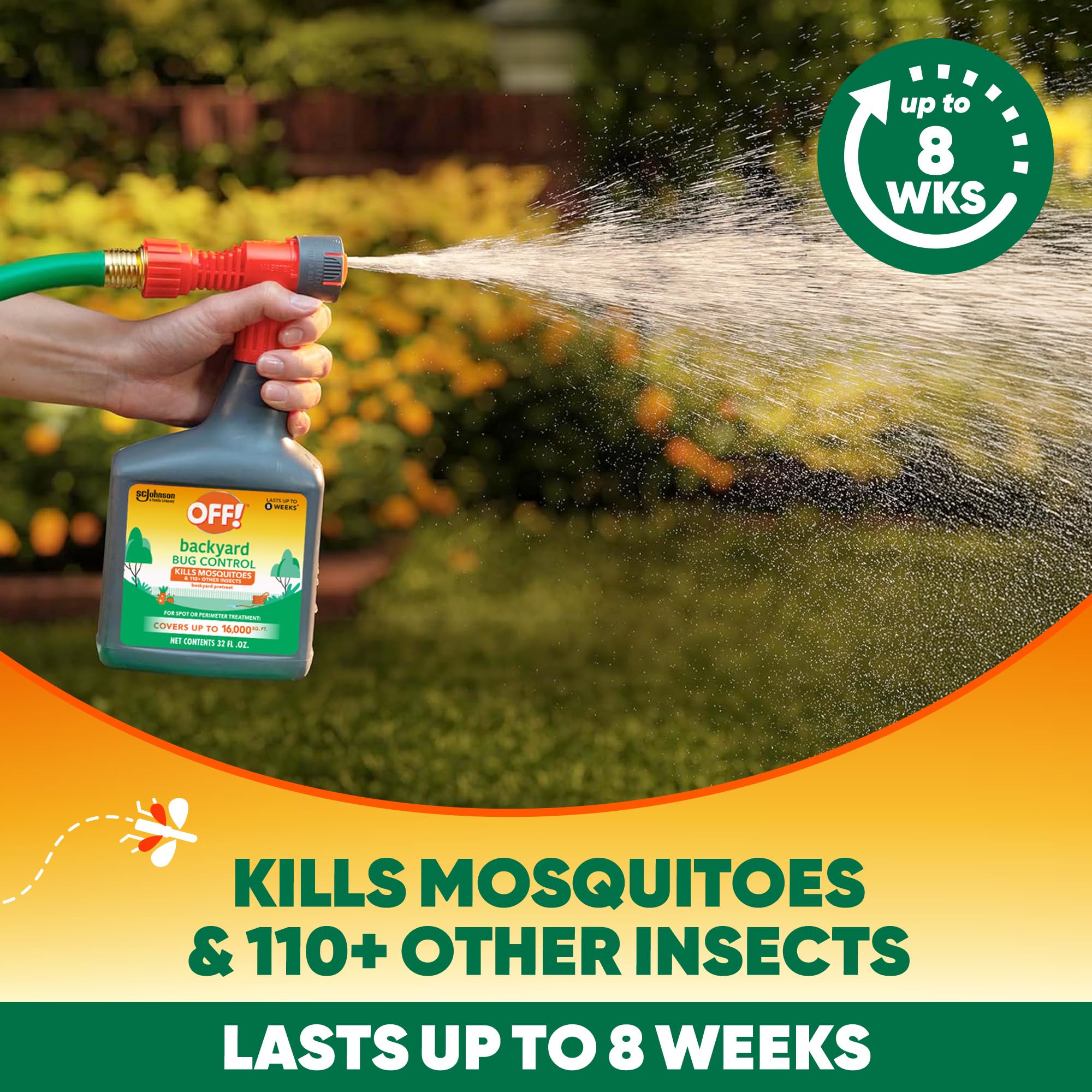 OFF! Fan spray setting reaches low-lying plants and garden areas effectively