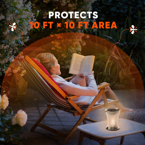 Outdoor dining scene with OFF! lamp and friends for insect-free evenings