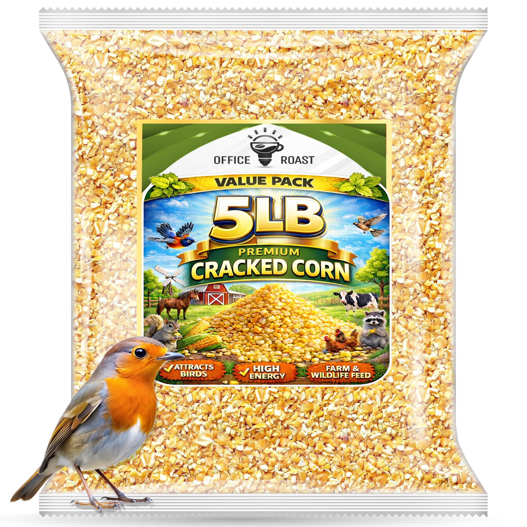 Office Roast cracked corn 5 lb bag with kernels, ideal for backyard wildlife.