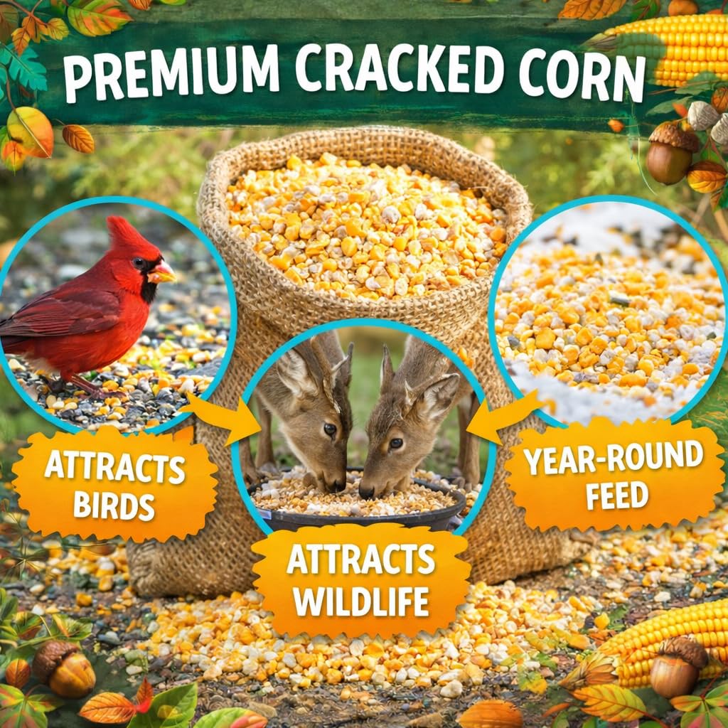 Scattered cracked corn by a feeder invites cardinals, ducks, and squirrels.