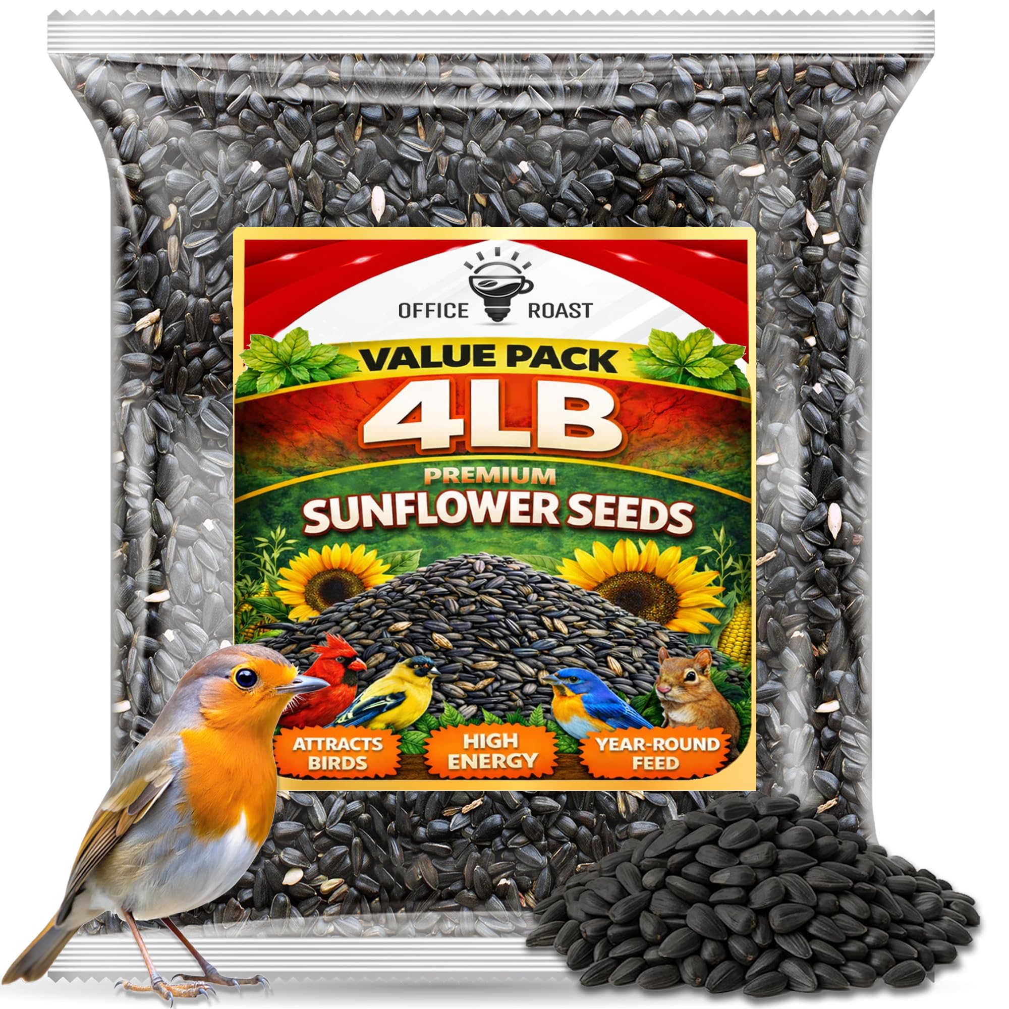 Office Roast premium black oil sunflower seeds for year-round songbird feeding.