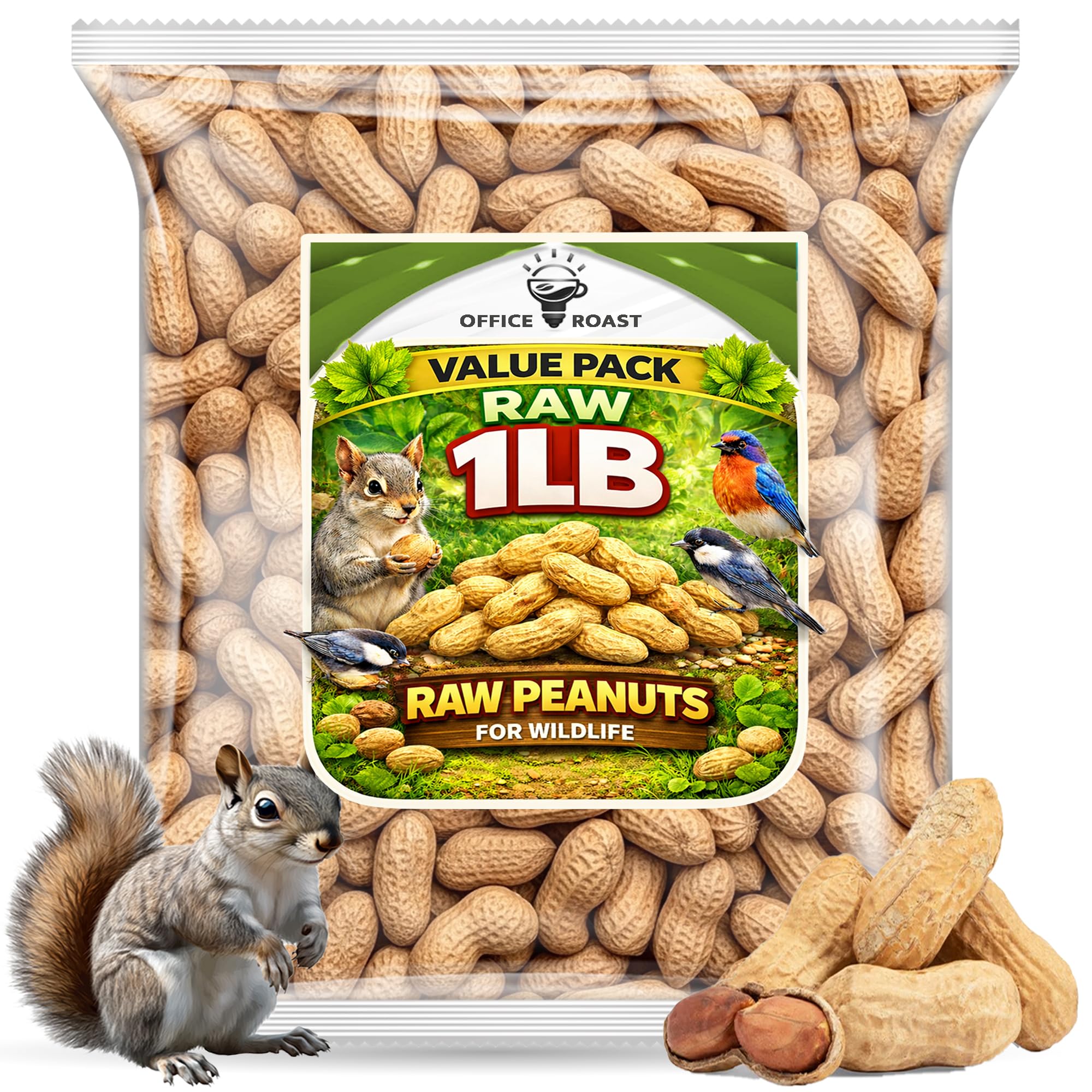 Office Roast raw peanuts in shells in a 1 lb bag for healthy snacking.