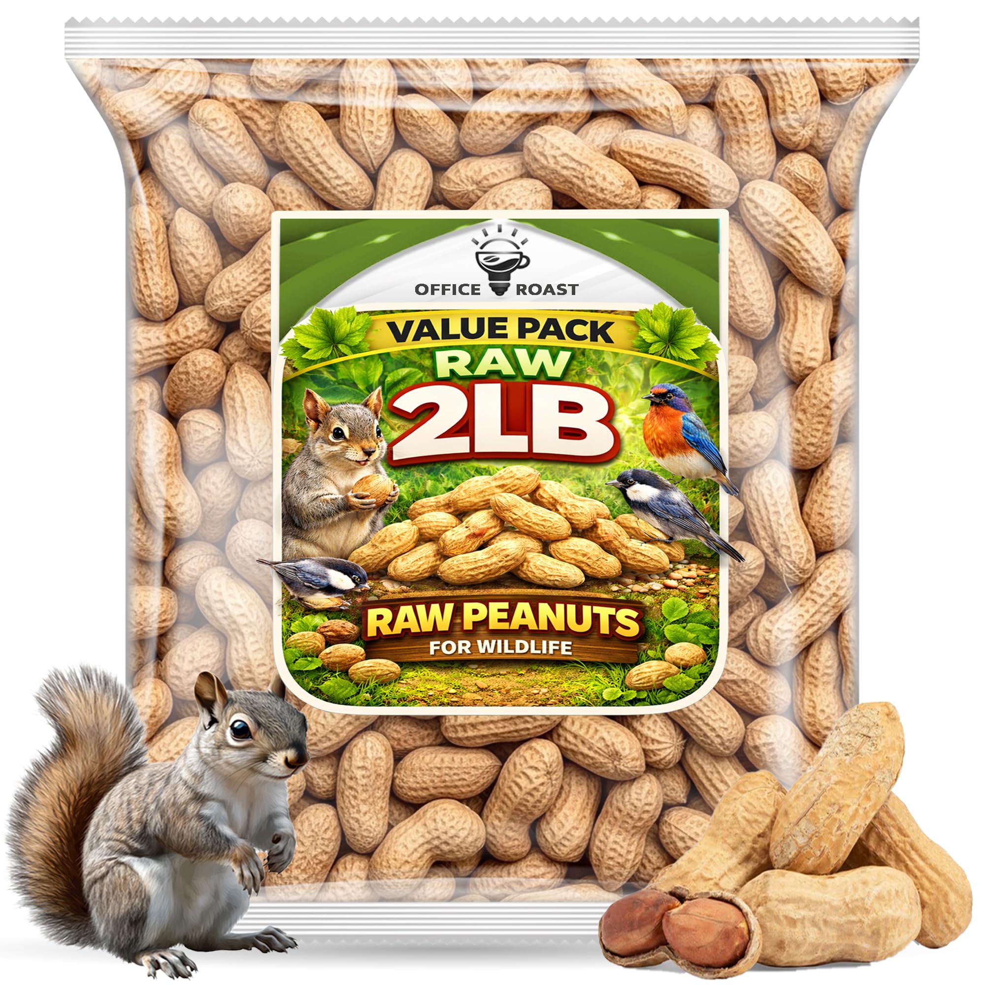Office Roast raw peanuts in shell 2lb bag, ideal for snacking or wildlife feeding.