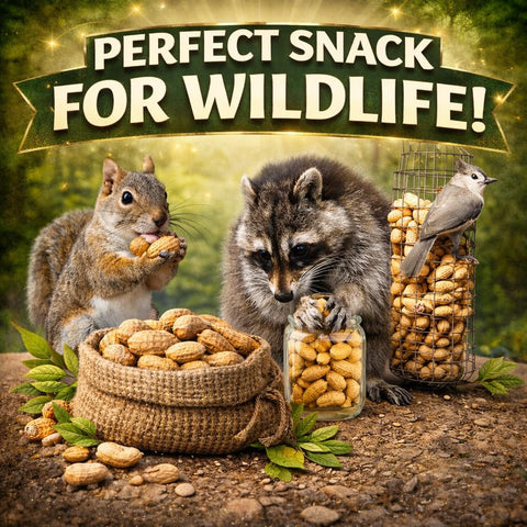 Office Roast wildlife-feed image with squirrels and birds enjoying peanut snacks.