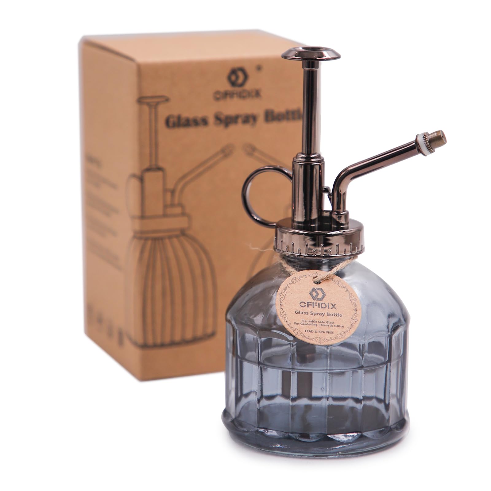 OFFIDIX glass plant spray bottle close-up shows durable glass and rust-free top for gentle mist.