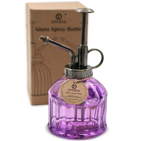 OFFIDIX glass watering spray bottle with purple top, ideal for delicate indoor plant care.