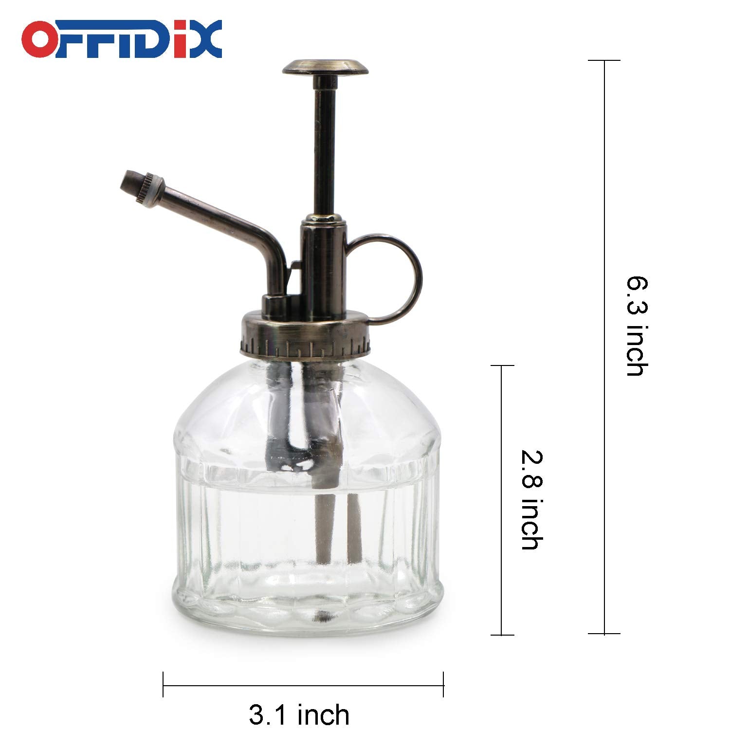 OFFIDIX plant mister with bronze top pump delivers gentle mist for delicate foliage.