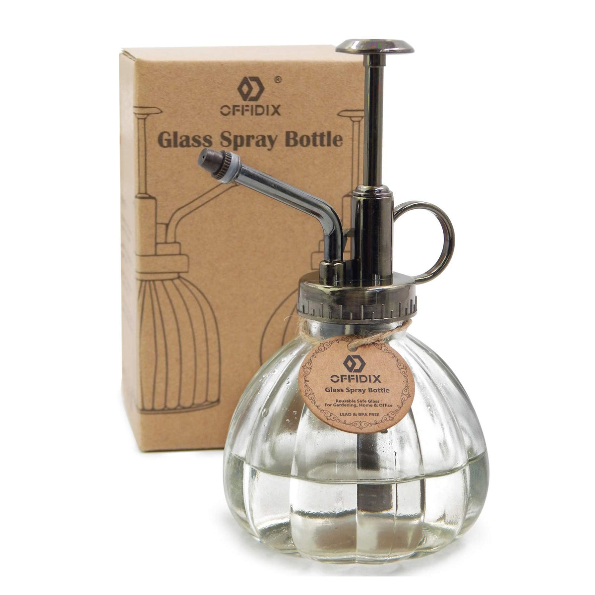 OFFIDIX transparent glass watering spray bottle with bronze top for precise indoor plant misting.