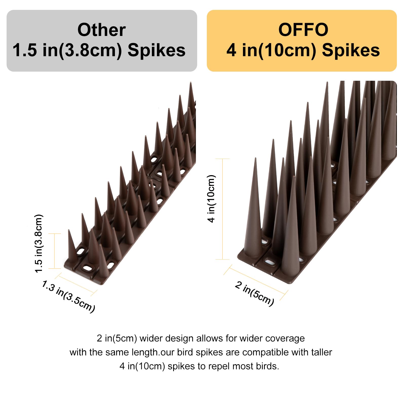 OFFO 4-inch spikes deter medium and large birds on outdoor surfaces.