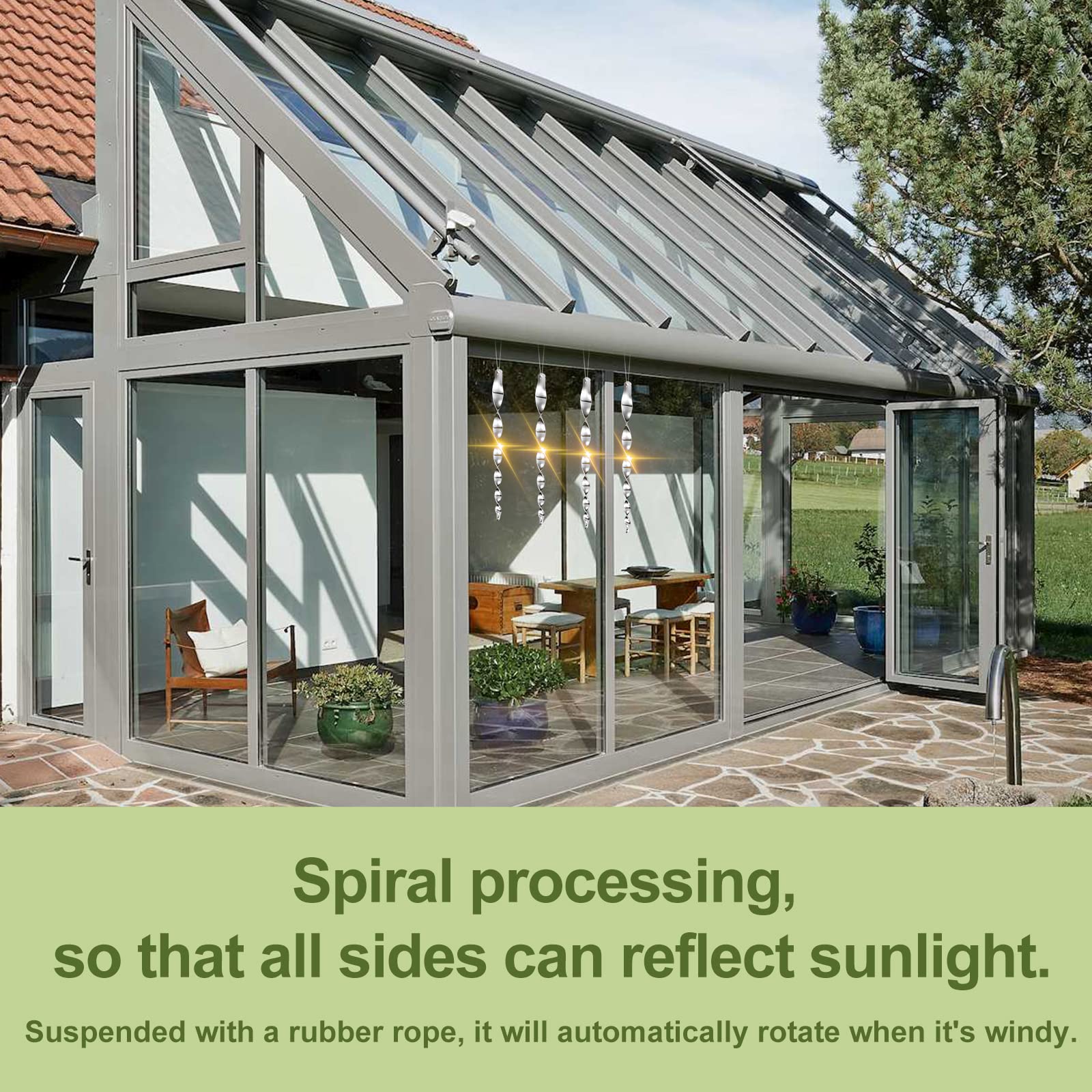 OFFO reflectors decorate a patio while guiding birds away safely.