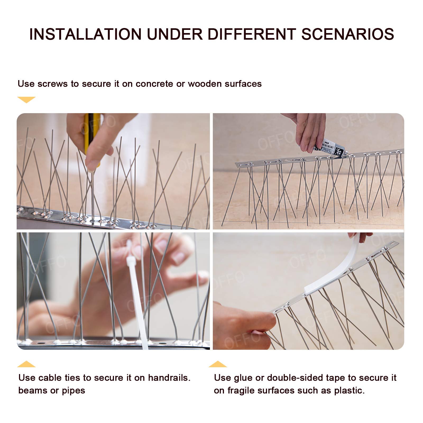 OFFO spikes mounted on balcony ledge protect surfaces from perching birds.