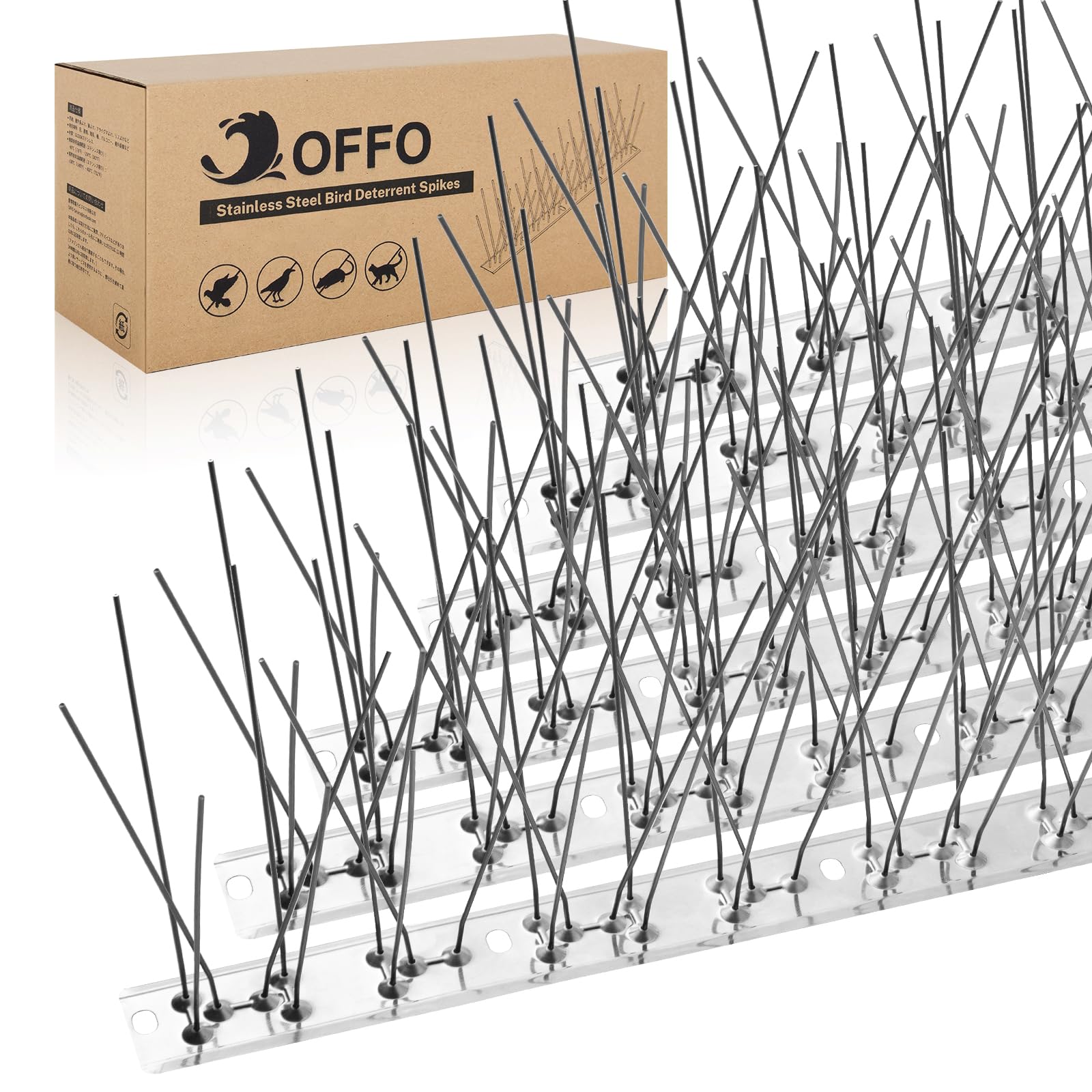 OFFO Bird Spikes on roof edge deter pigeons with durable stainless steel.