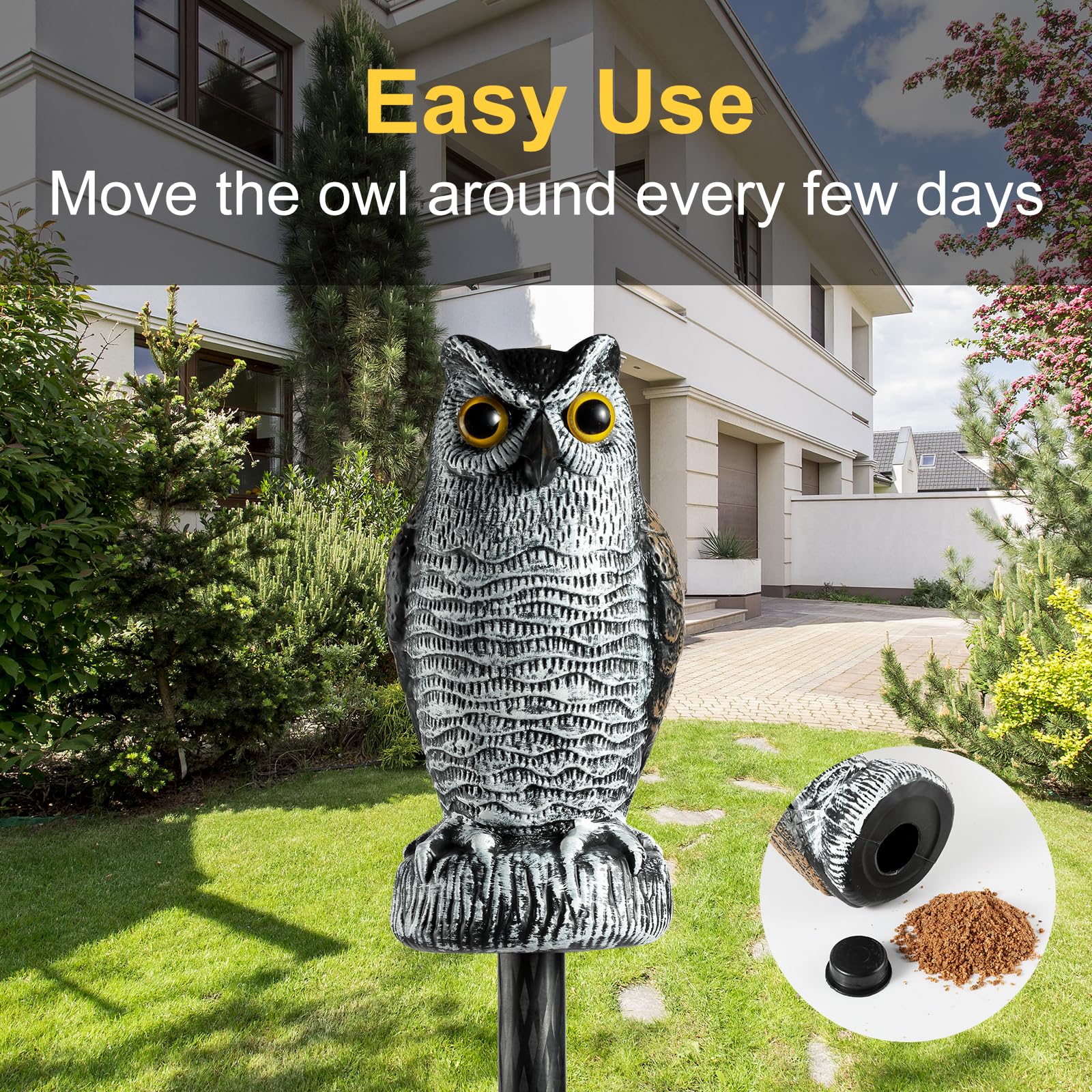 OFFO owl scarecrow features bright eyes for a convincing, lifelike presence outdoors.