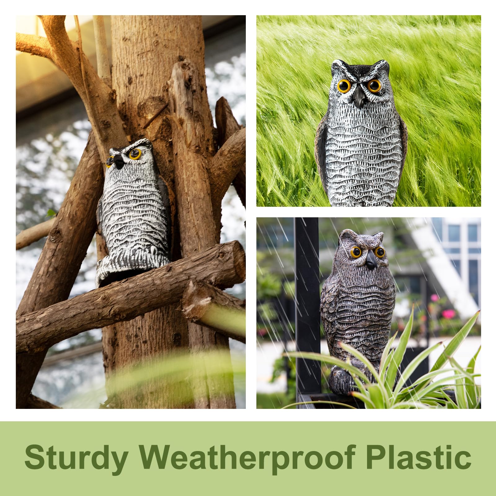 OFFO owl scarecrow by poolside deters unwanted visits while keeping décor festive.
