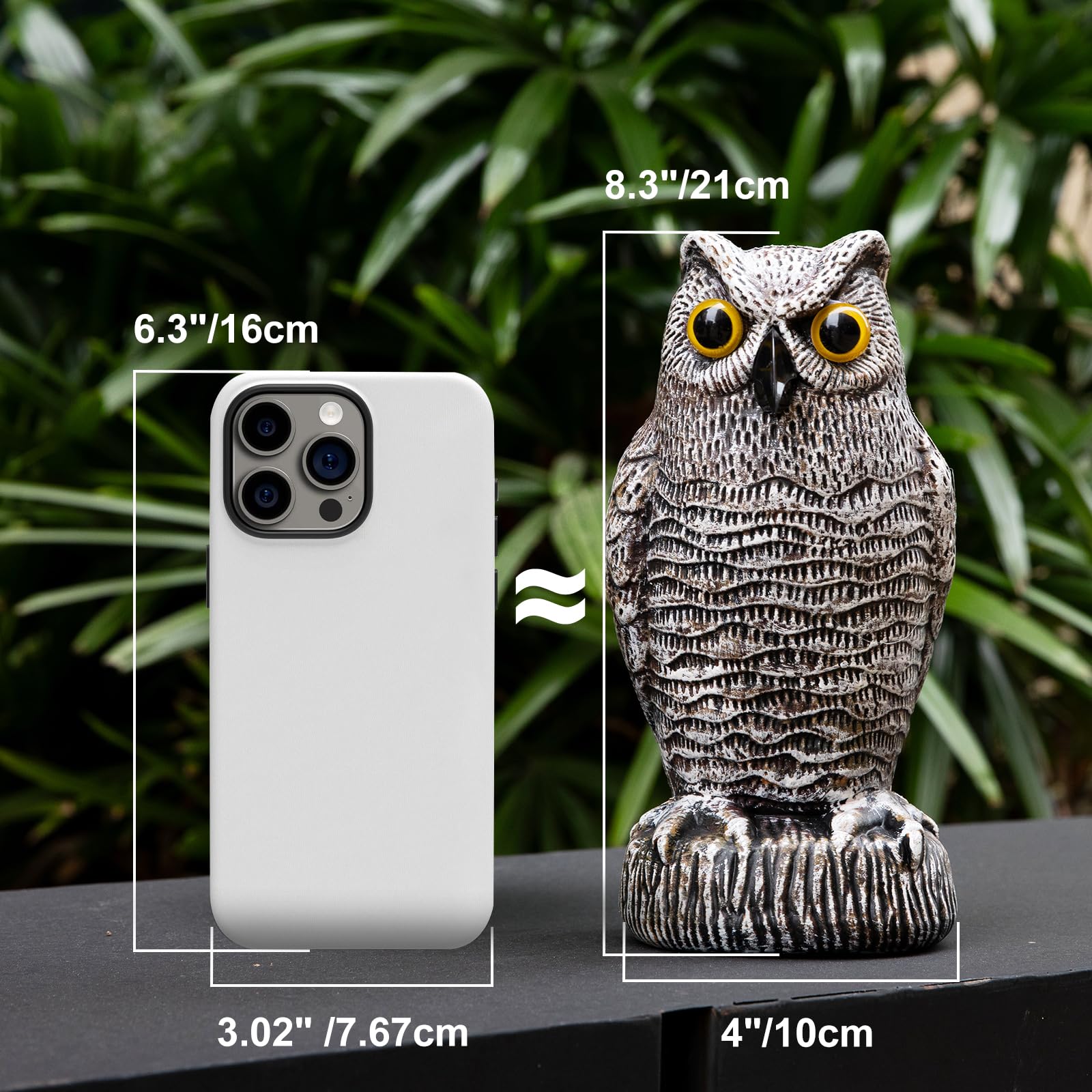 OFFO Owl Statue made of weatherproof plastic for year-round outdoors.