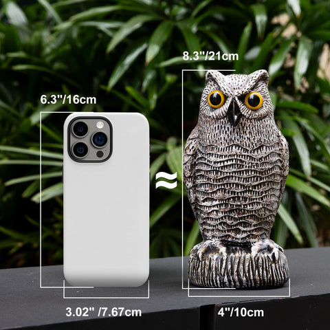 OFFO Owl Statue made of weatherproof plastic for year-round outdoors.