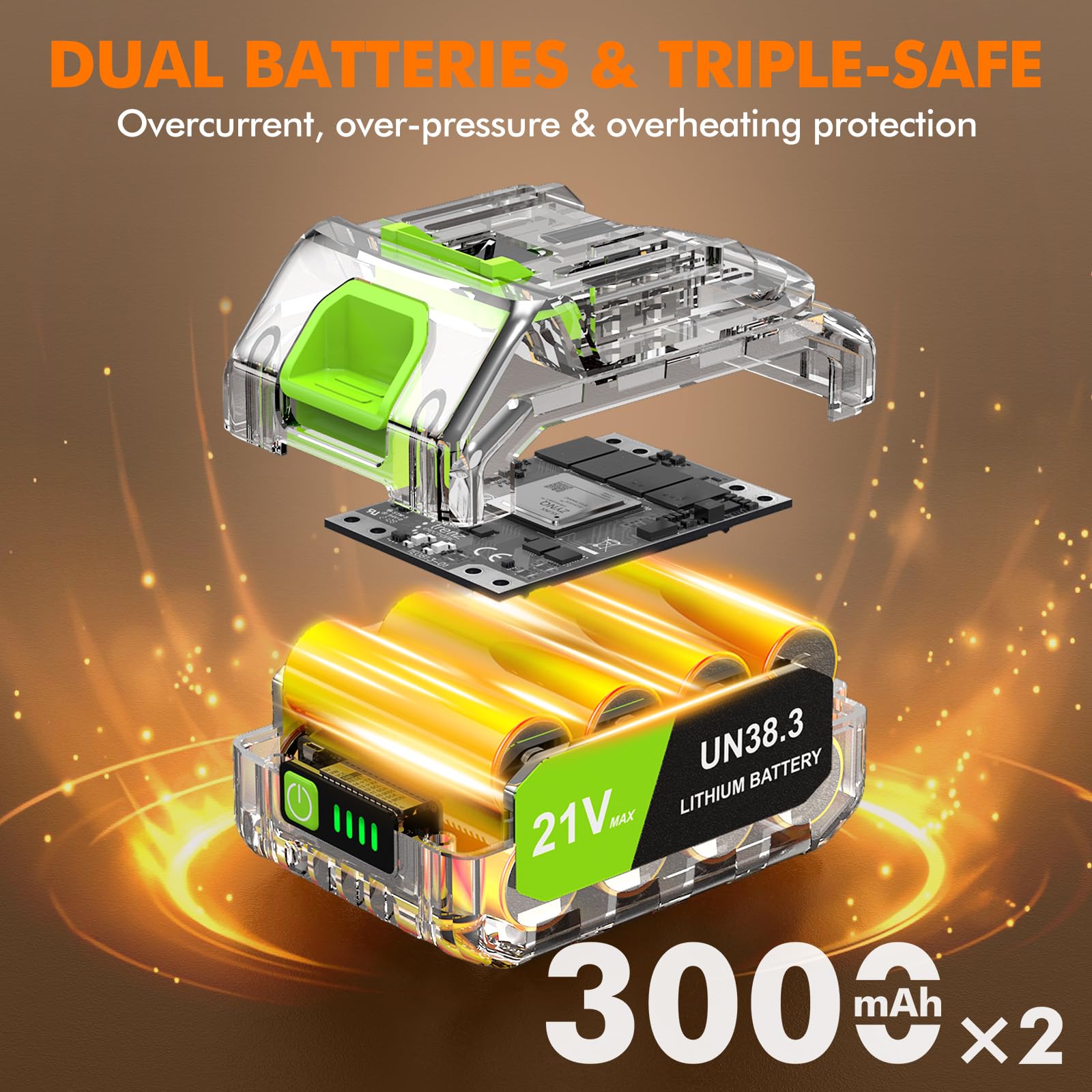OGERY two 21V 3.0Ah batteries with charger for extended sessions