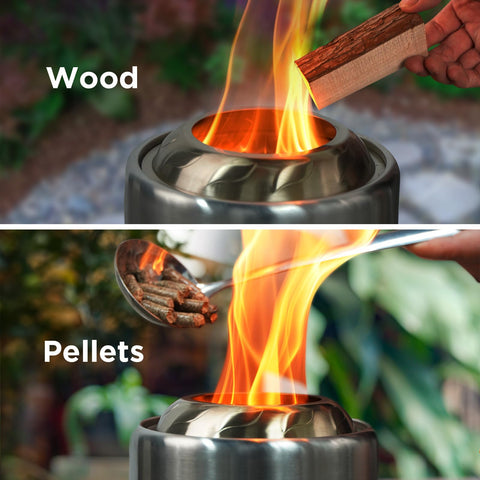 OGERY dual-fuel firepit supports pellets or wood for flexible burning.