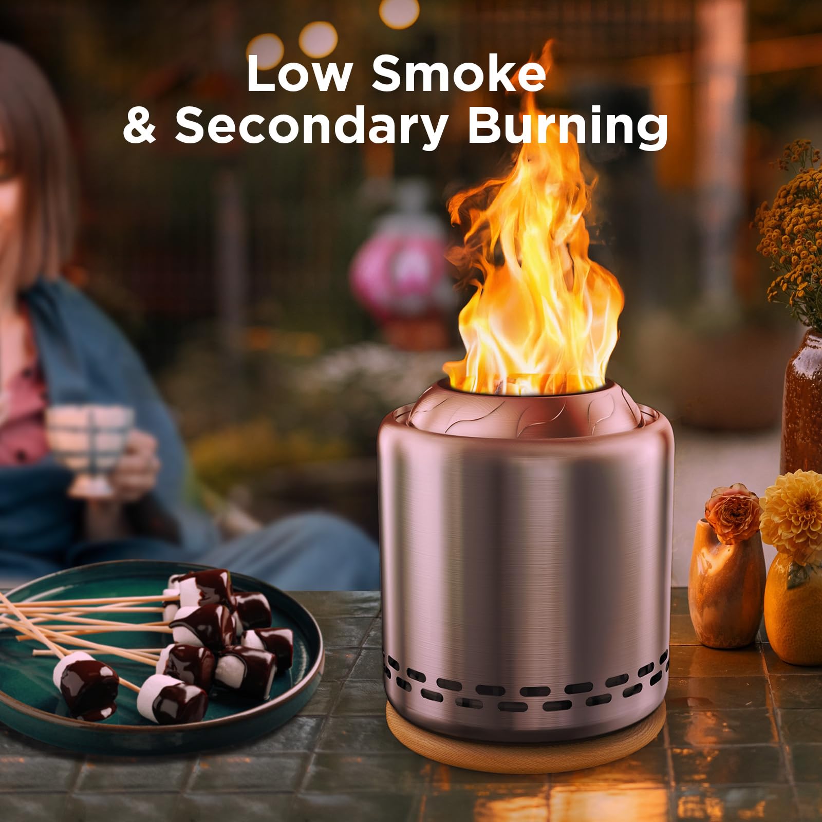 OGERY tabletop fire pit smokeless design enhances clean outdoor ambience.