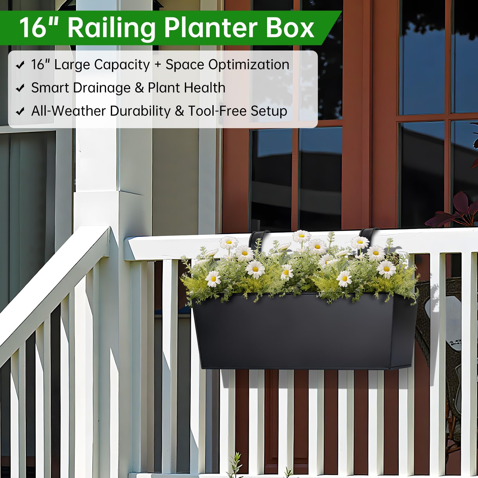 Wide 2.7-inch hooks securely grip a broad rail for stable outdoor display.
