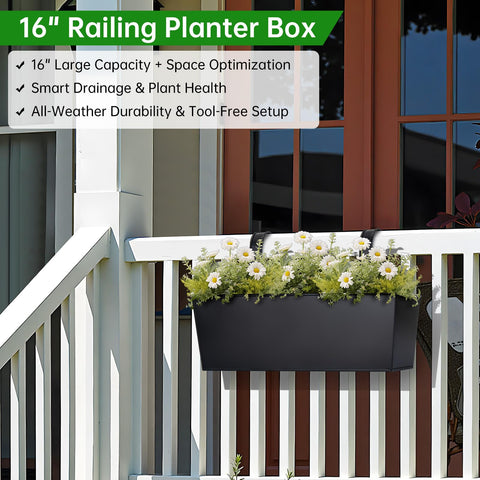 Wide 2.7-inch hooks securely grip a broad rail for stable outdoor display.