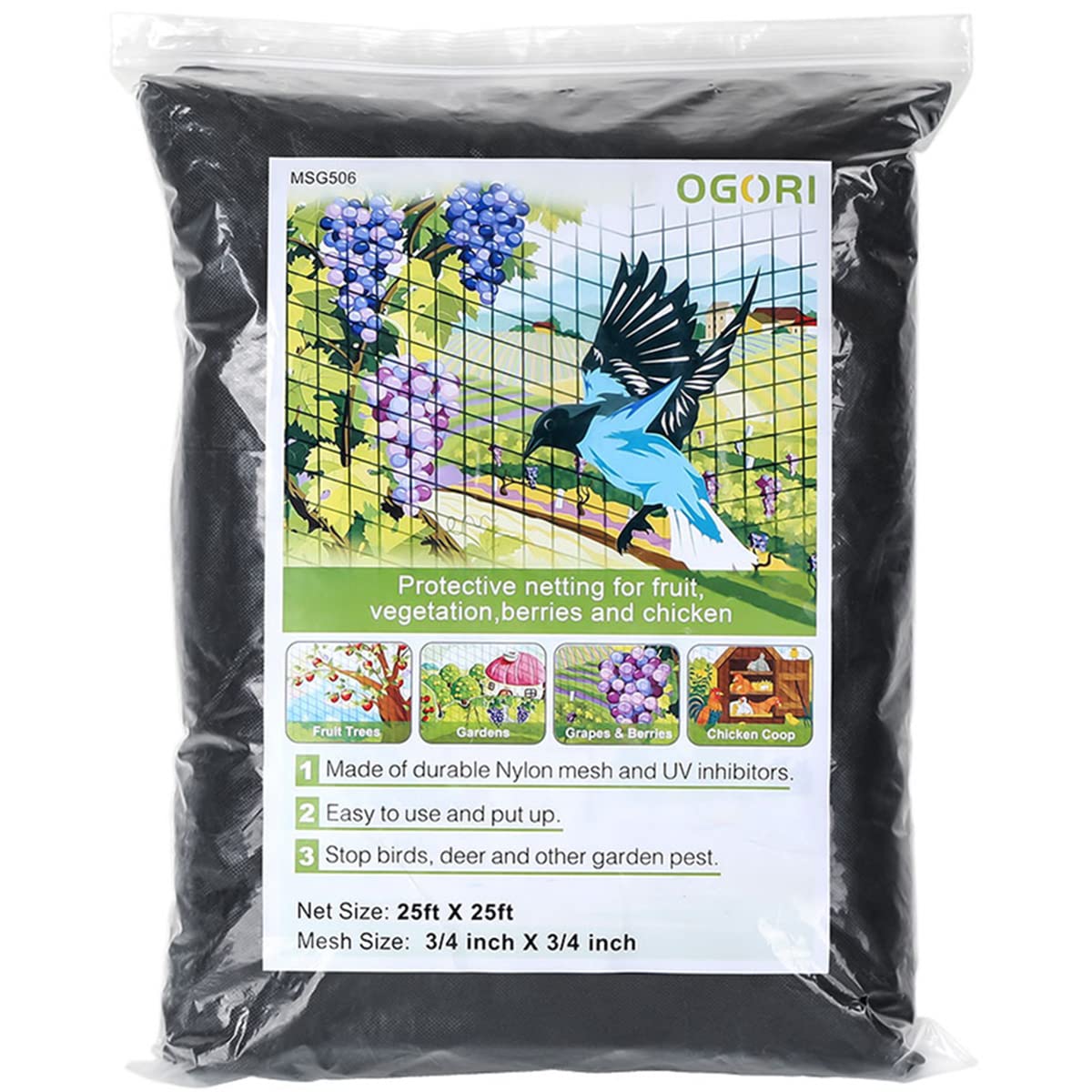 OGORI bird netting 25x25 nylon close-up shows heavy-duty mesh for garden protection.