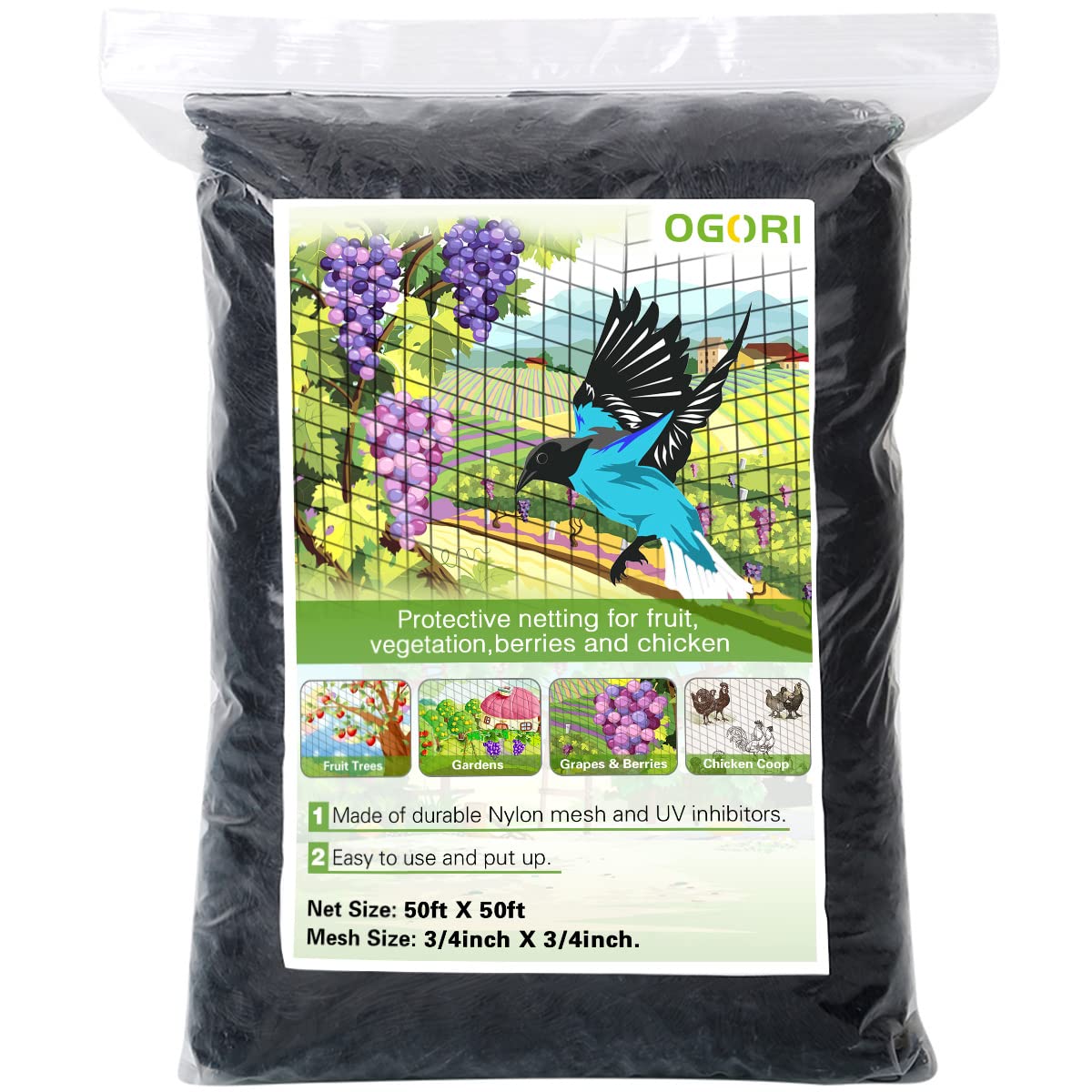 OGORI Bird Netting close-up shows durable 3/4 inch mesh for protecting fruit and vegetables.