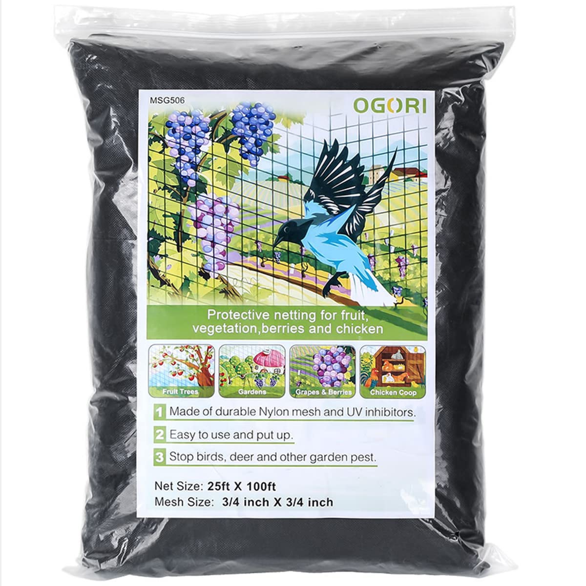 OGORI bird netting close-up shows heavy-duty nylon for durable garden protection.