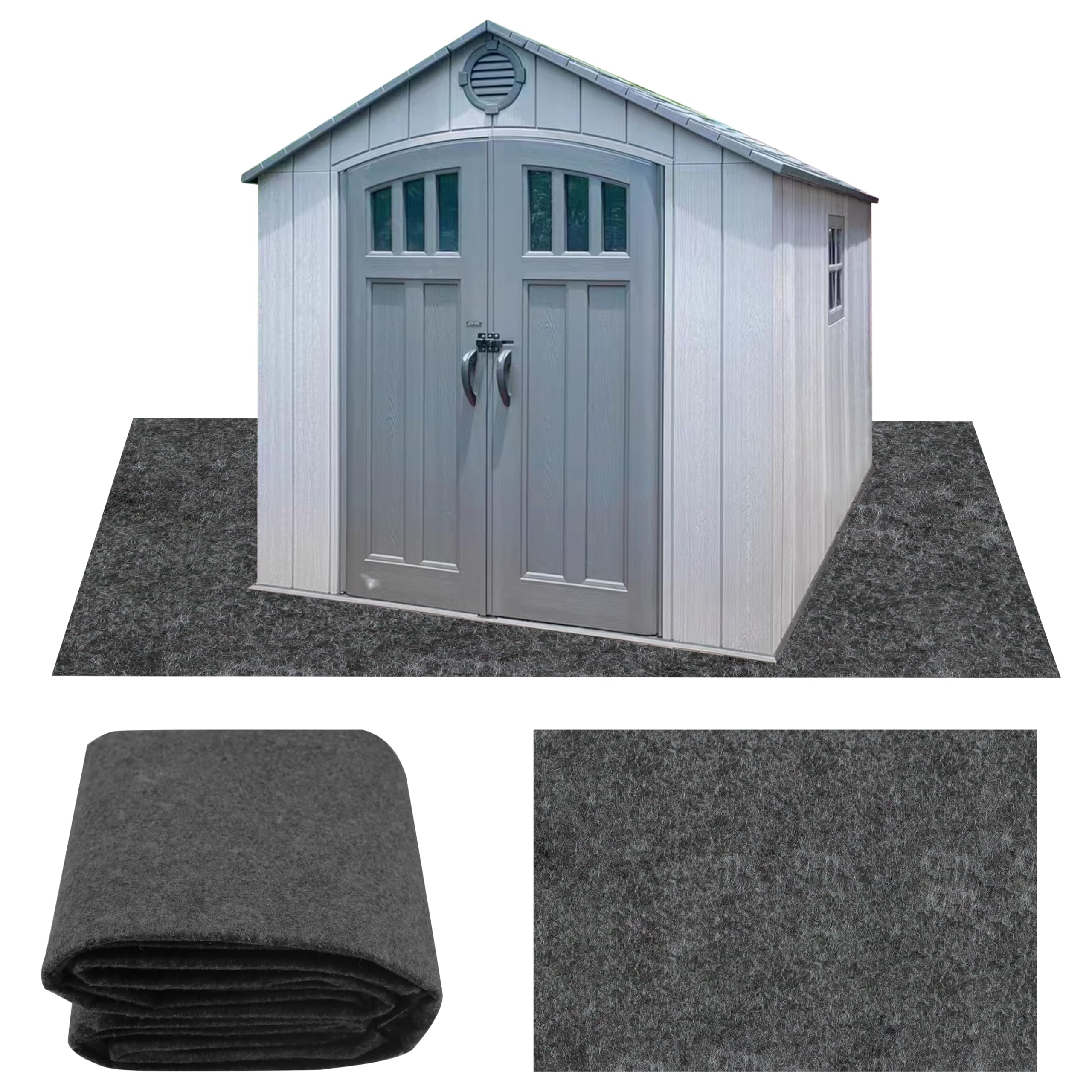 Ogrmar 10x10 ft shed mat with felt top offering water resistance and slip protection.