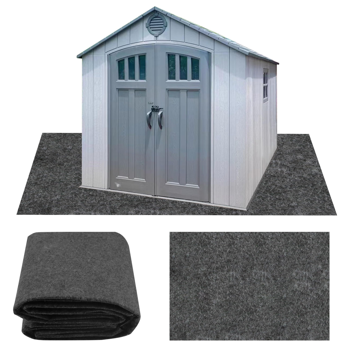 Ogrmar 10x10 ft shed mat with felt top offering water resistance and slip protection.