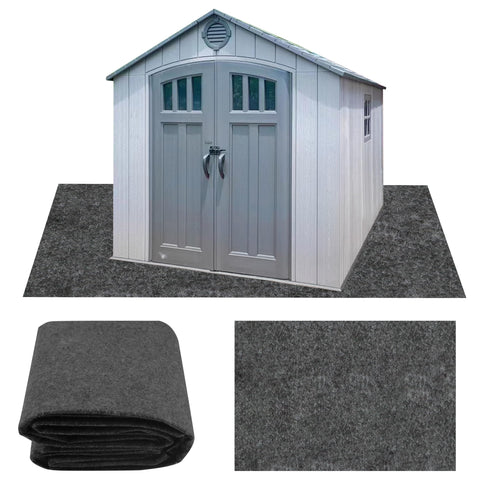 Ogrmar 10x10 ft shed mat with felt top offering water resistance and slip protection.
