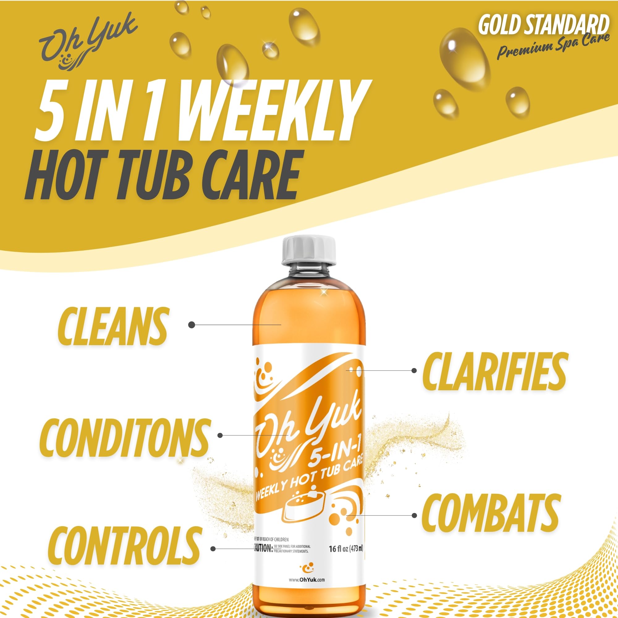 Oh Yuk 5-in-1 bottle pour shows controlled dosing for clear, balanced spa water