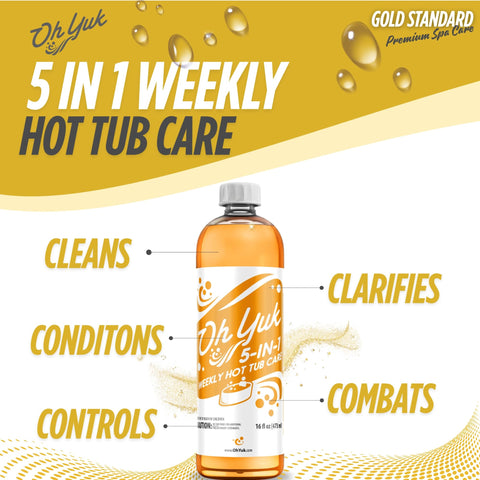 Oh Yuk 5-in-1 bottle pour shows controlled dosing for clear, balanced spa water