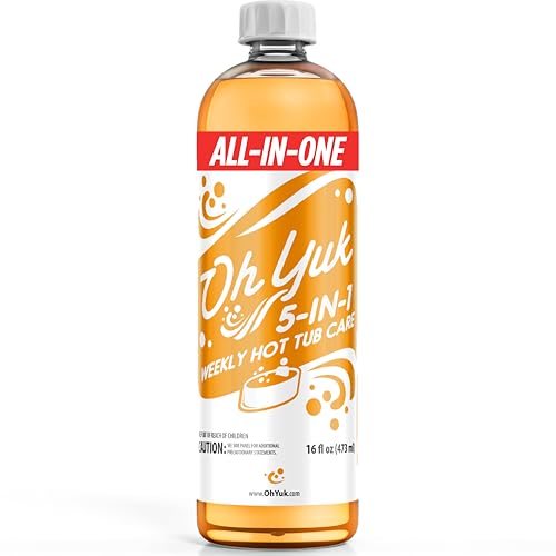 Oh Yuk 5-in-1 weekly hot tub care bottle ready for easy spa maintenance