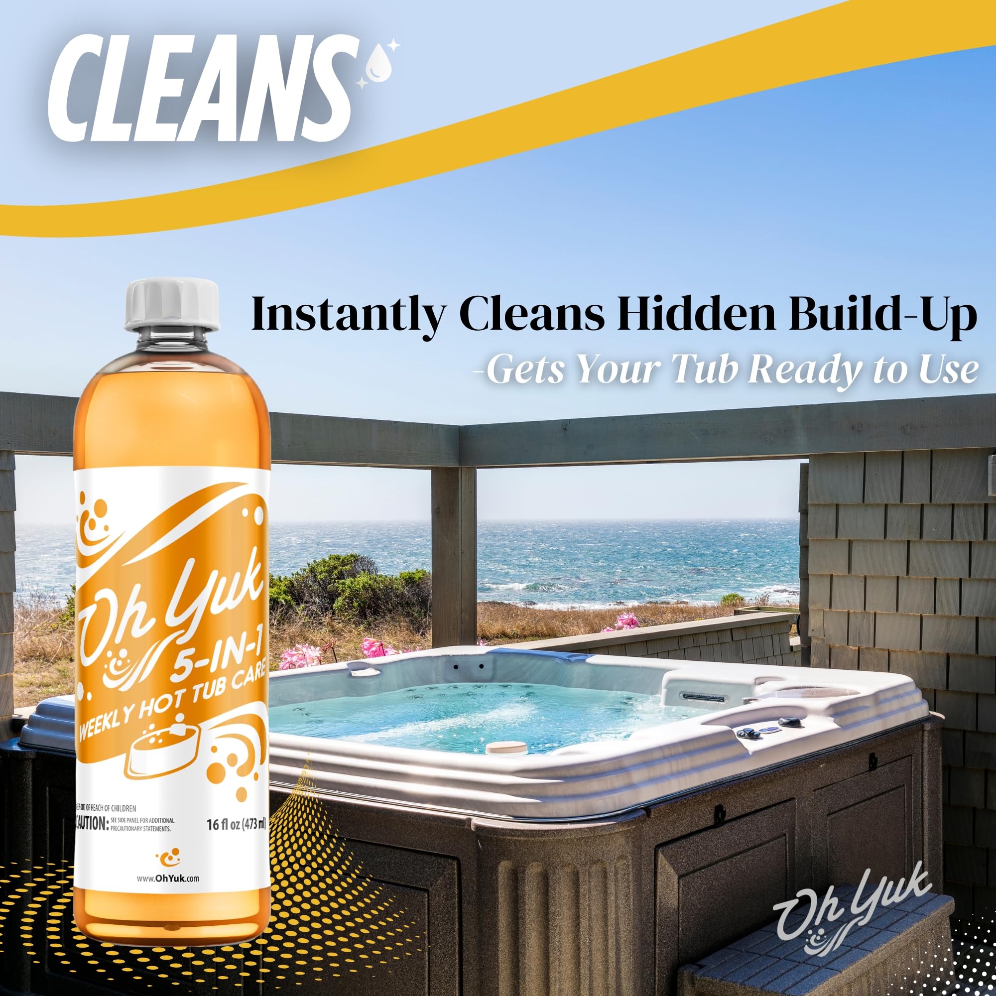 Oh Yuk clarifier action image highlights particle removal for brighter spa water