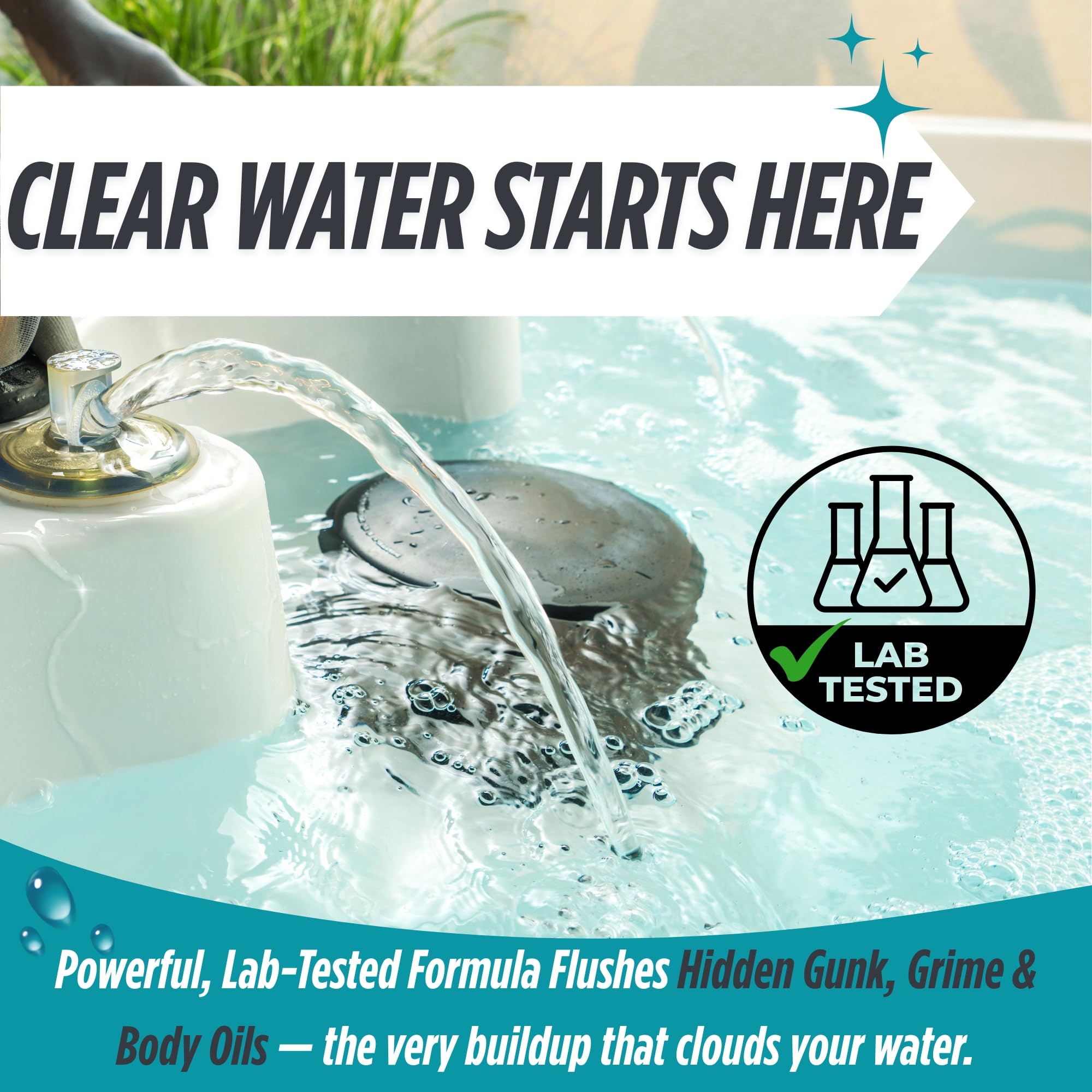 Oh Yuk Hot Tub Cleaner enhances filter performance for cleaner water.