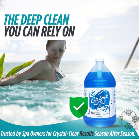 Oh Yuk Hot Tub Cleaner quick-application in a spa setup.